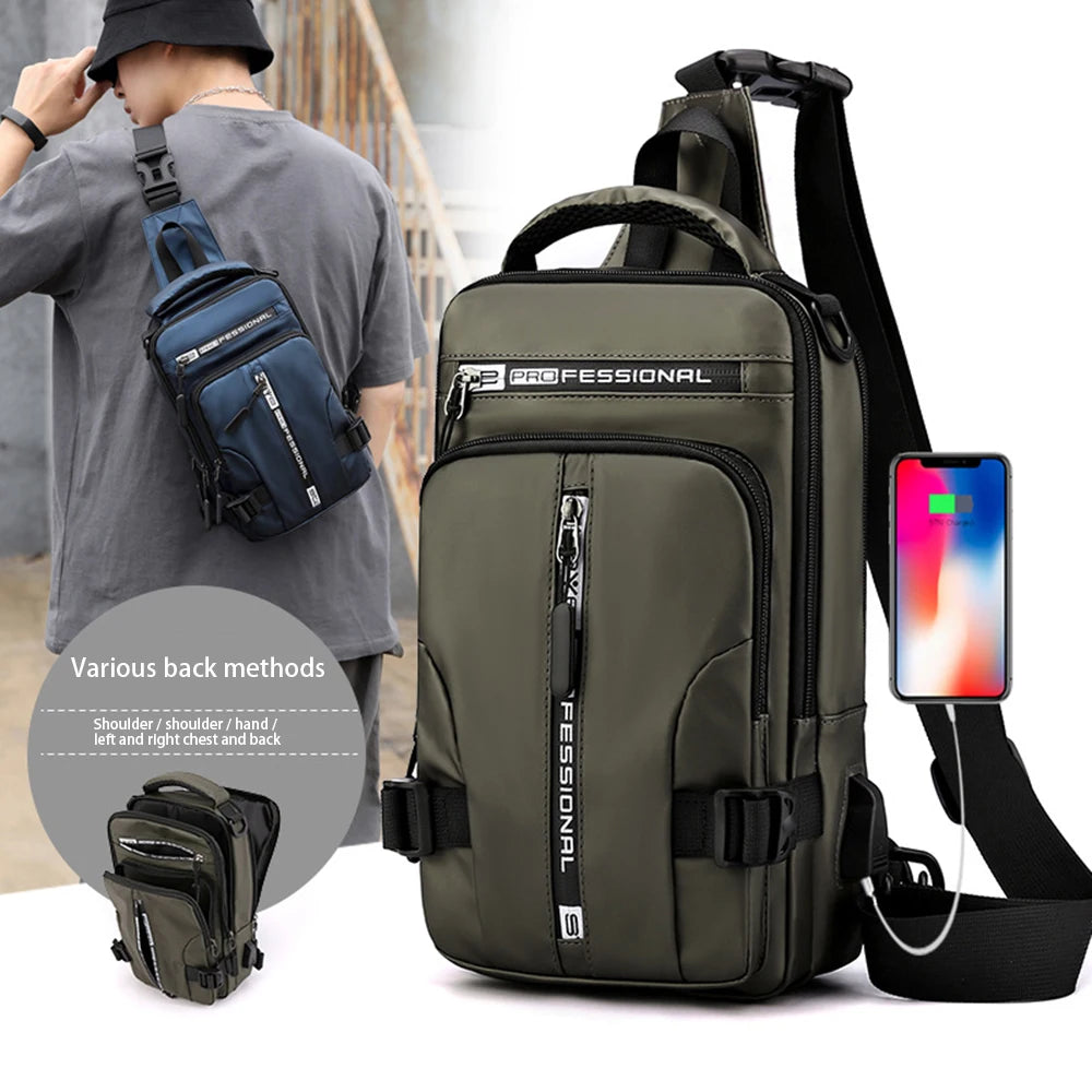 Men's Nylon Crossbody Bag with USB Charging Port - Multifunctional Waterproof Daypack for Outdoor Travel and Casual Use